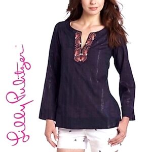 Lilly Pulitzer Thandie Popover Embroidered Tunic Top V-Neck Navy Blue Me…